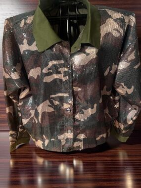 Sequin Camo Button-Front Jacket with Olive Trim - 1X - New